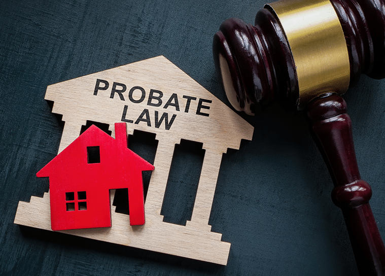 Probate law courthouse cutout with red house model and judge gavel